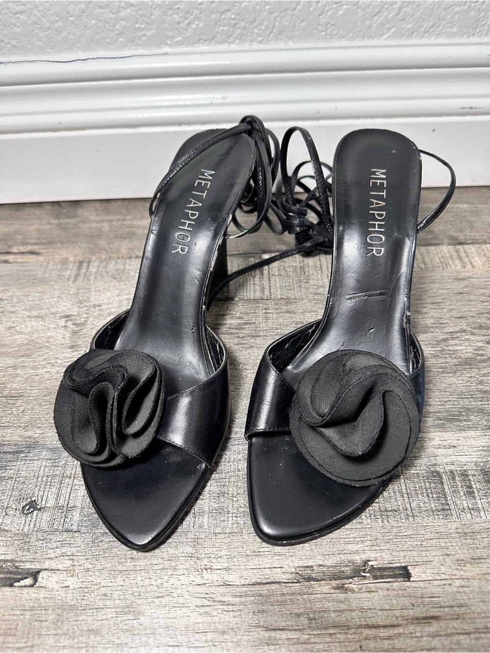 Metaphor Black Lace-Up Heeled Sandals with Floral Rosette